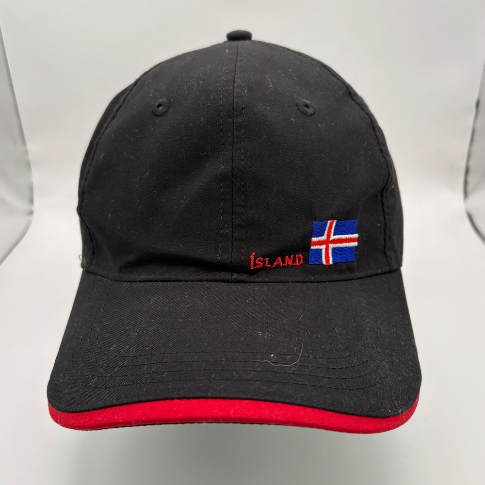 Black Iceland Flag Baseball Cap Embroidered Red Trim Adjustable Strap